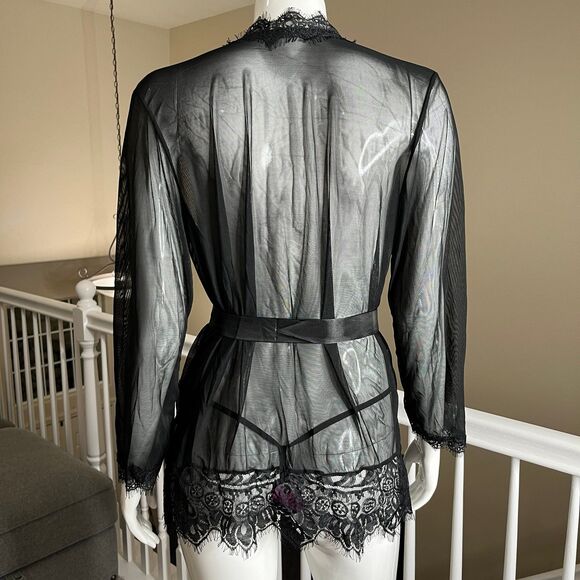 Sexy Romantic Sheer Black Lace Robe G String Thong Women's Size L #680 - Picture 3 of 12
